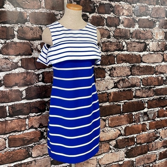 Vince Camuto Dress Women's 6 Blue White Striped Cold Shoulder Midi NWT - Picture 8 of 16